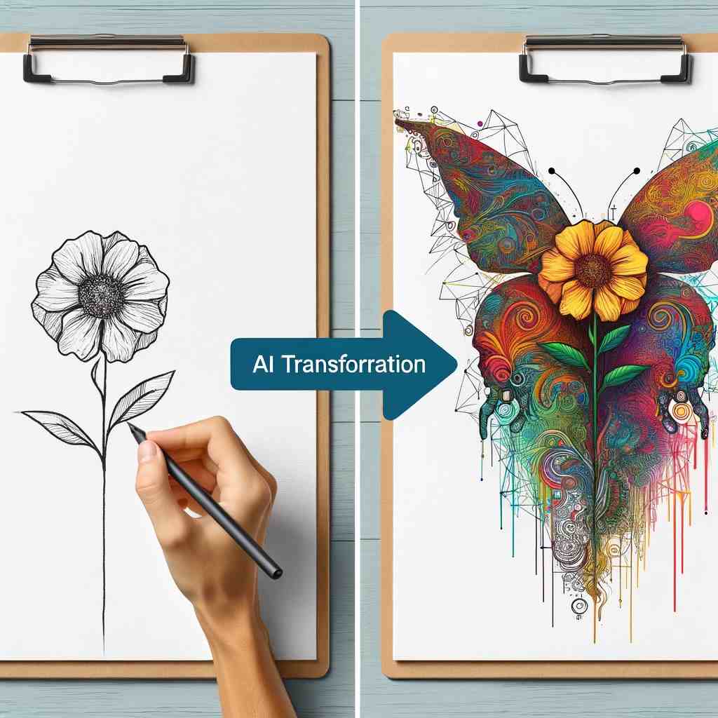 Compressed Illustration of a basic hand-drawn sketch on a white canvas on the left side. On the right side, there's a colorful, detailed digital artwork interpre