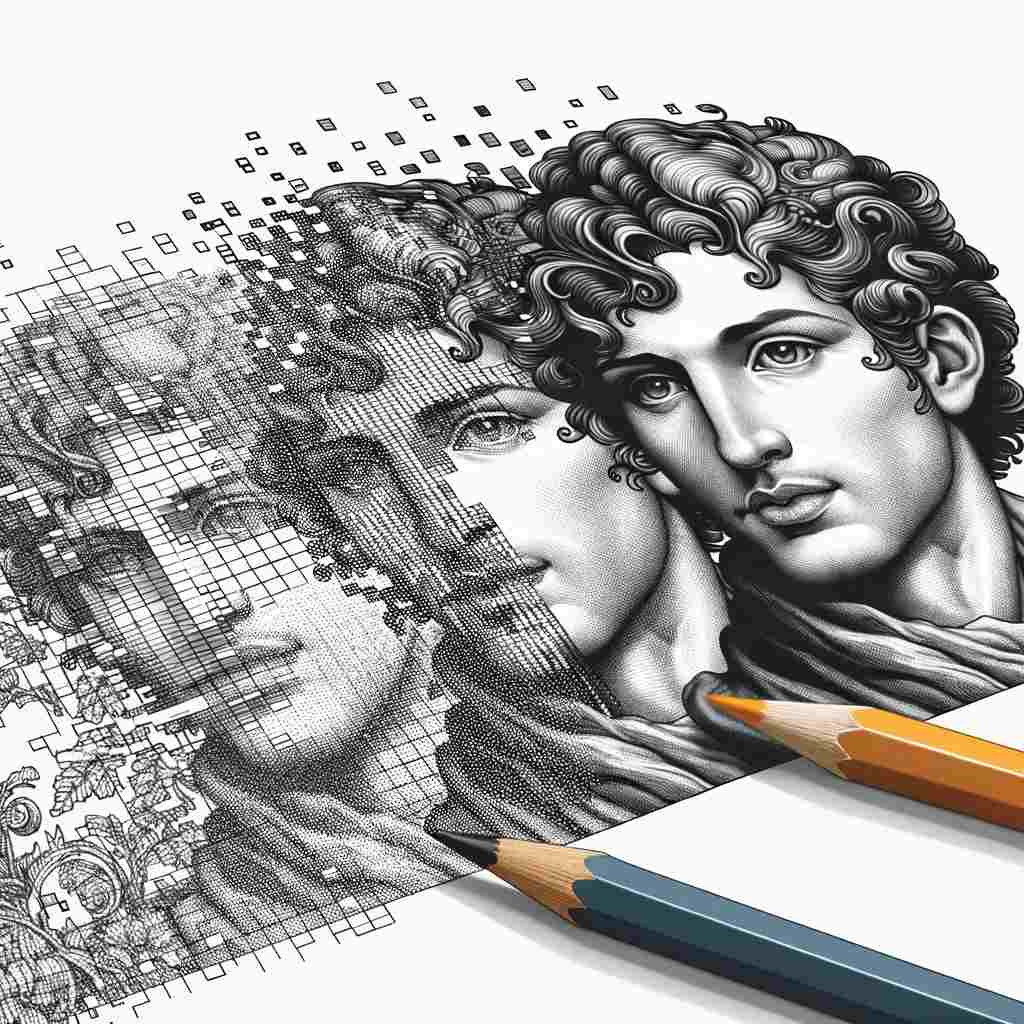 Compressed Illustration of a grayscale pencil sketch gradually transforming into a detailed, full-color AI-enhanced artwork as it spans from left to right. The t