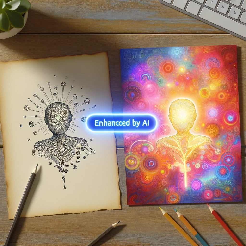 Compressed Photo of a simple sketch on paper on the left, juxtaposed with a vibrant AI-generated artwork on a digital screen on the right. Between them is a glow